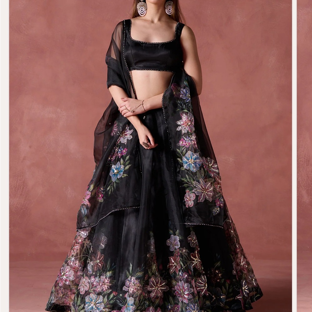Black Multicolor Floral Printed Lehenga